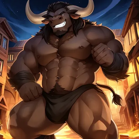 a minotaur，Burly，Detailed character details，grin