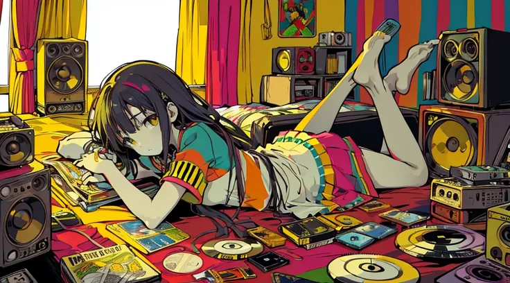 (reggae cassette tapes and records), (room with big speakers, rasta color curtains), (girl lying down), (low contrast, flat color, limited palette)