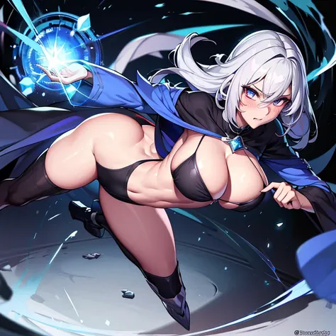 great quality, (1 woman), very focused face, diamond face, perfect eyes, (wearing mage robe), mage robe, magic,  strong shadows, full body, detailed face, (casting spell), blue flashes of light, blue sparks, in battle, detailed abs, shinying eyes, (masterp...