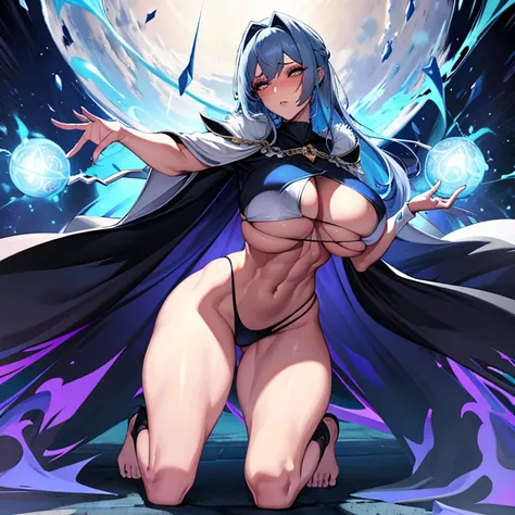 great quality, (1 woman), very focused face, diamond face, perfect eyes, (wearing mage robe), mage robe, magic,  strong shadows, full body, detailed face, (casting spell), blue flashes of light, blue sparks, in battle, detailed abs, shinying eyes, (masterp...