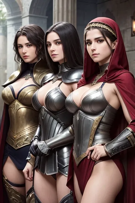 three sisters of different ages, french womens, detailed face perfect face, detailed face, sexy, lesbians, warriors roman, using sexy armor with cape full body background in versalles