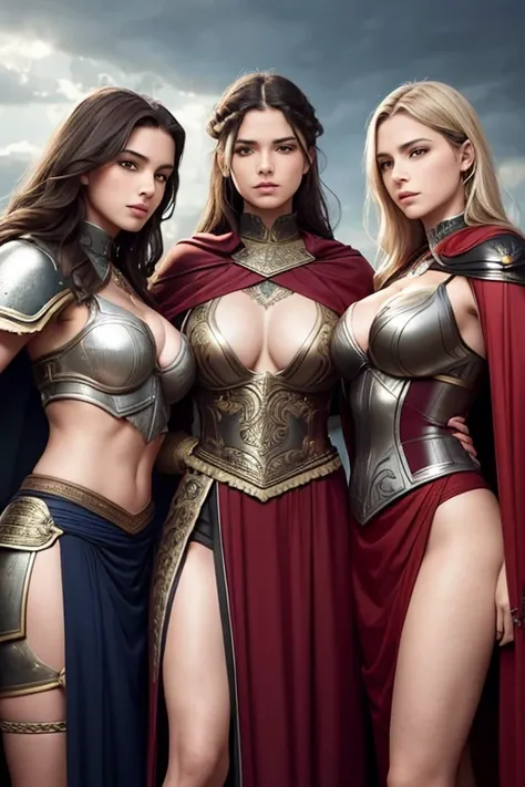 three sisters of different ages, french womens, detailed face perfect face, detailed face, sexy, lesbians, warriors roman, using sexy armor with cape full body background in versalles