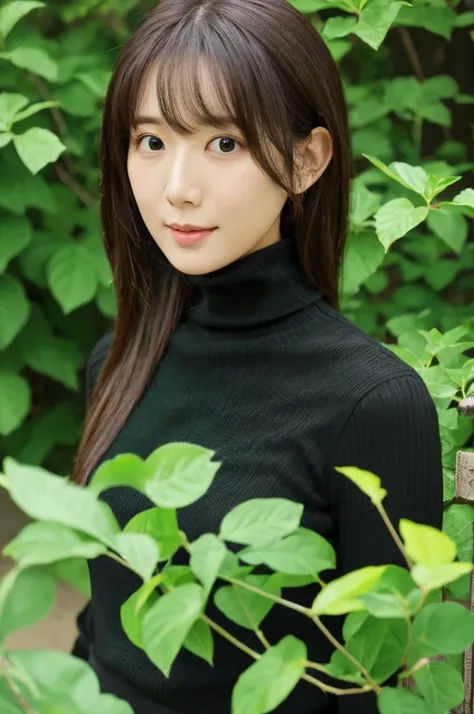 black turtleneck top、green background、The tree々or bushes、Woman Looking At Camera、hight resolution、ighly detailed(ulzzang-6500-v1.1:0.2)