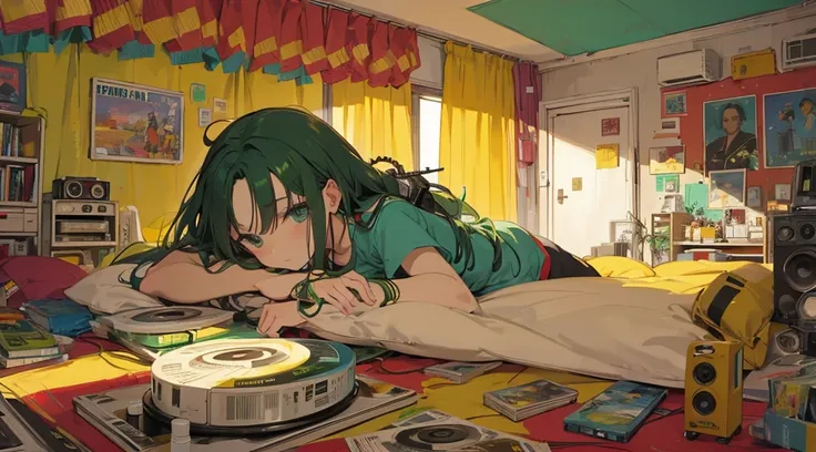 (reggae cassette tapes and records), (room with big speakers, rasta color curtains), (girl lying down), (low contrast, flat color, limited palette)