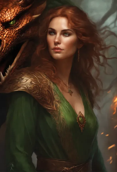 close-up of a green-eyed woman with brown curls and green eyes in a nightgown, standing face to face with a copper gray huge majestic dragon and a scorching fire demon , epic fantasy art style, dark fantasy style art, portrait of fin wildcloak, detailed fa...