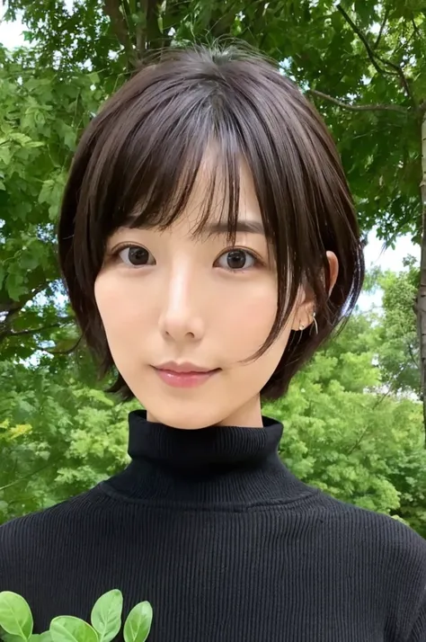 Slender Japanese woman looking at the camera、short-hair、Black turtleneck sweater、Green tree on background々or bushes、hight resolution、ighly detailed