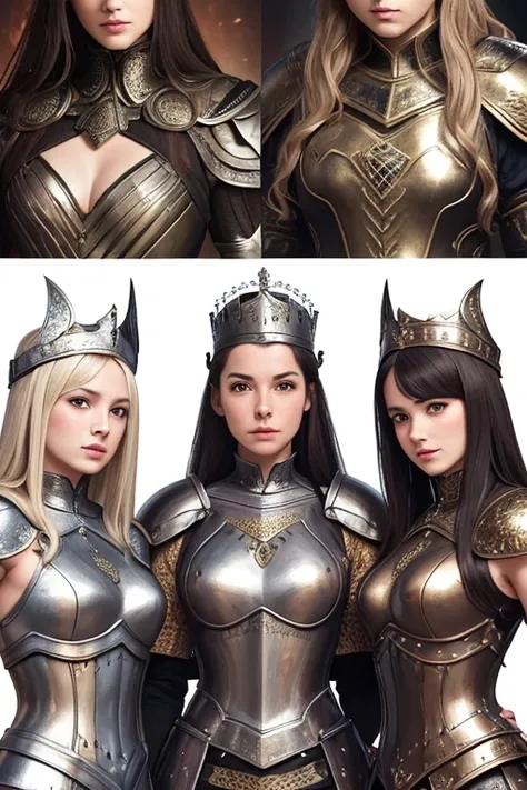 three sisters of different ages, british womens, detailed face perfect face, detailed face, queens armor, queens dress, sexy, lesbians, using sexy armor, full body background in london