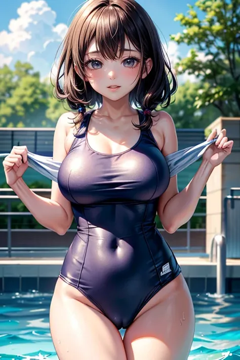 (Best Quality, 4K, 8K, hight resolution, masutepiece:1.2), Ermao、bobhair、her breasts are beautiful and big。swimming school with friends。one-piece School Swimsuit。