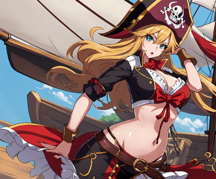 Anime image of a sexy girl dressed in a pirate outfit standing on the bow of a huge pirate ship