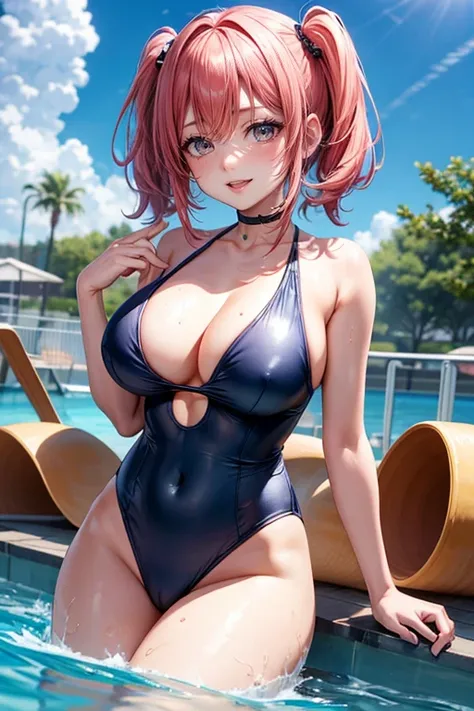 (Best Quality, 4K, 8K, hight resolution, masutepiece:1.2), Ermao、bobhair、her breasts are beautiful and big。swimming school with friends。one-piece School Swimsuit。with friends too。