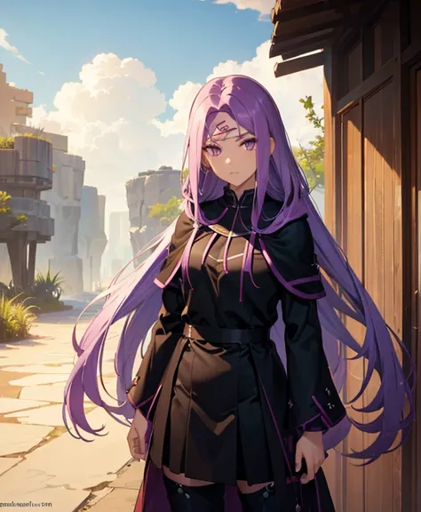 medusalily, medusa lily, medusa (faong hair, (purple eyes:1.1), purple hair, sidelocks, braid, braided ponytail, BREAK braid, hood, collar, single braid, capelet, hood down, cloak, black capelet, tiara, (parted bangs:1.5), BREAK outdoors, desert, oasis, su...