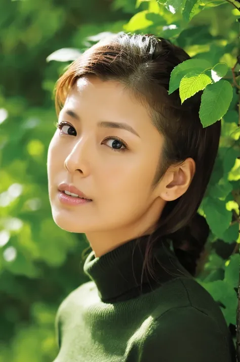 Slender Japanese woman looking at the camera、Black turtleneck sweater、Green tree on background々or bushes、hight resolution、high-definition picture