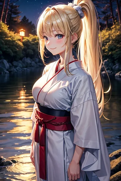 A 16 year old Japanese girl, blonde ponytail , wearing only a white Japanese traditional dress , standing calmly , looks funny, at a river in a forest in night, spreading her left arms forward, a bit windy scene, smiling calmly, under the moonlight, lookin...