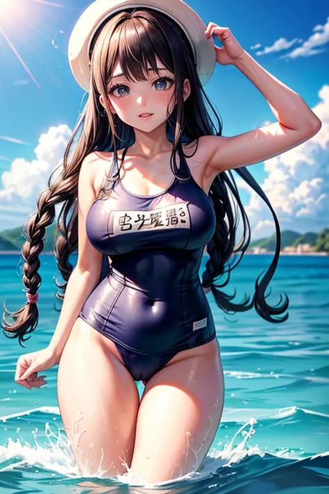 (Best Quality, 4K, 8K, hight resolution, masutepiece:1.2), Ermao、braided hair。her breasts are beautiful and big。swimming school with friends。one-piece School Swimsuit。swimming hat。Emerge from the water。