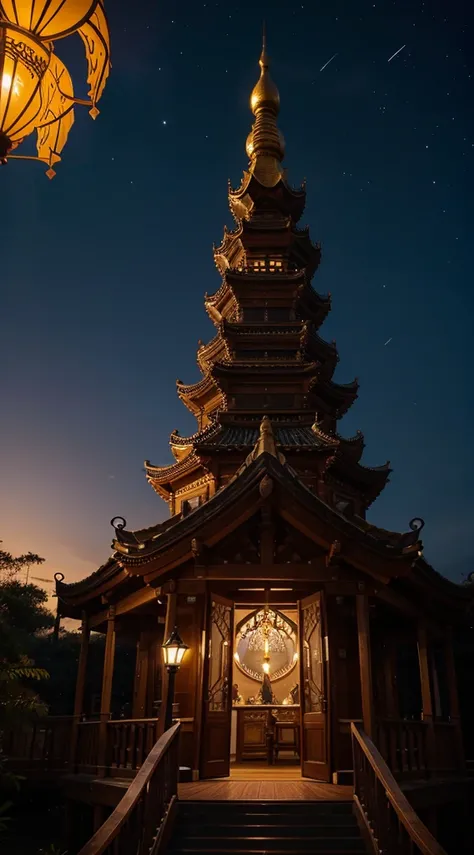 "Illustrate the divine elegance of a wizards pagoda on the floating isles. Embrace soft pastels, radiant golds, and the tiered pagoda with starlight-infused layers, providing a celestial ambiance.