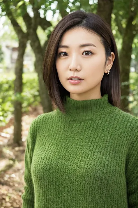 Slender Japanese woman looking at the camera、Black turtleneck sweater、Green tree on background々or bushes、hight resolution、high-definition picture