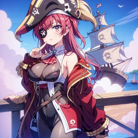 Anime image of a girl with red hair and eyes with red lipstick on her lips and wearing a sexy and very tight pirate outfit, as well as having an eye patch, is near the helm of a pirate ship