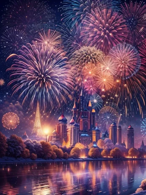 (tmasterpiece),（ultra - detailed：1.3），Best quality，（sparkling fireworks:1.2），（new year celebration:1.4），(at winter season，Men and women wearing couple&#39;s down jackets: 1.5),（themoon），New Year&#39;s Day Shoorgeous color，crowd of，，Galaxy River，city night ...