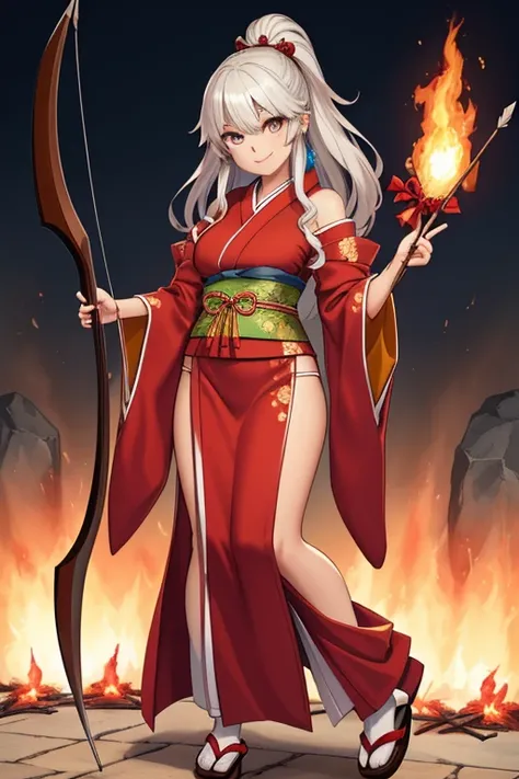 (best quality, high resolution, masterpiece: 1.2), an oni girl, girl, beautiful, detailed, beautiful eyes, detailed face, long eyes, smiling, holding a fire element bow, preparing to release an arrow, full body Japanese style clothing.