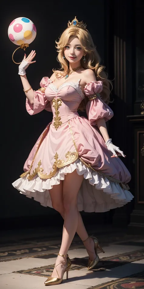 (masterpiece, best quality:1.2), 1girl, solo, (flat color:1.1), (princess peach:1.1), from the mario franchise, pink and gold, long blonde hair, large breasts, pink dress with puffy sleeves, white gloves, pink high heels, blue eyes, gold crown, royal demea...