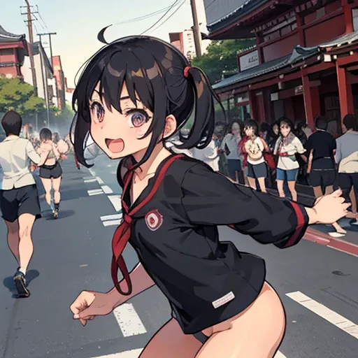 Asakusa nudist girl running、Lots of close elementary school boys pushing each other with their eyes wide open、surround each other&#39;wide eyes、Laughter and joy、longshot、Group Selfies、from side