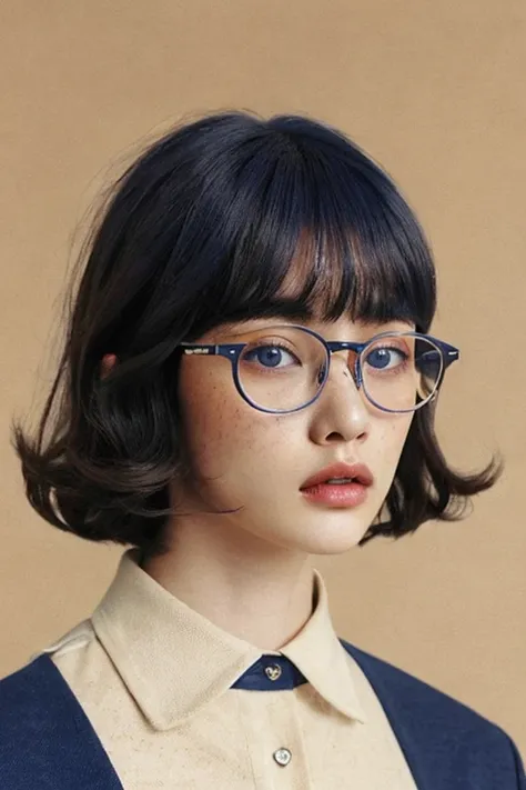 women are beige,a 20 yo woman、hitornfreckles、Pattsun bangs、wears glasses、wearing dark blue clothes、Retro、Fashion Editorial