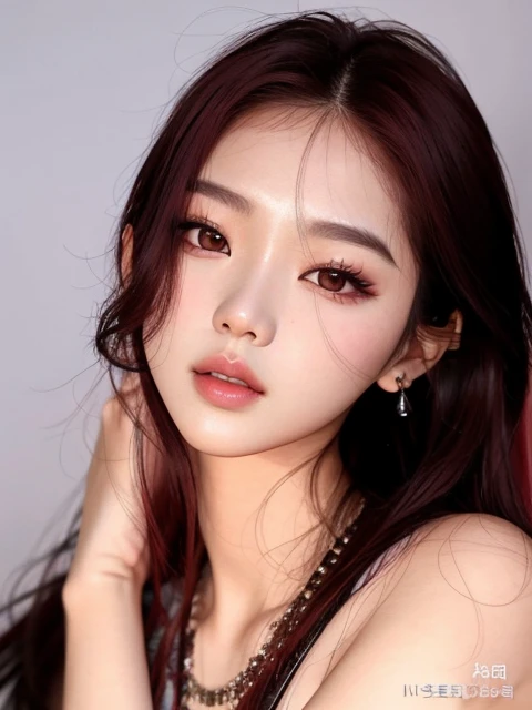 Un primer plano de una mujer con el pelo largo y rojo posando para una foto, portrait of Jossi de Blackpink, Jinyoung Shin, Retrato Jisoo Blackpink, Jossi de Blackpink, Taejune Kim, Artista coreano, Heonhwa Choe, Jisoo de Blackpink, Jisoo de Blackpink, len...