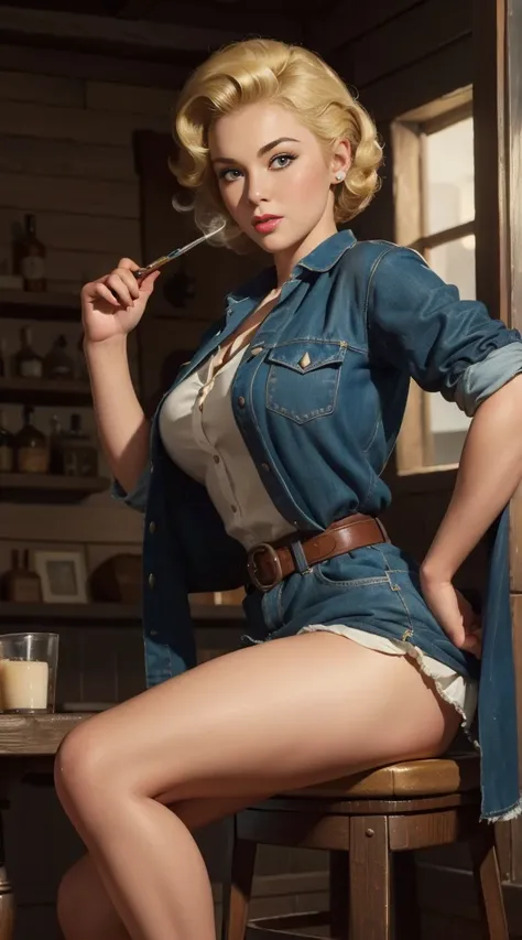 (masterpiece:1.4), (best quality:1.4), retro vintage pin-up style, extremely detailed, intricate, hyper-detailed, illustration, soft lighting, 18 years old pin-up girl, Blonde hair, (perfect_face), sitting on mini barstool, two piece black outlaw cowgirl o...