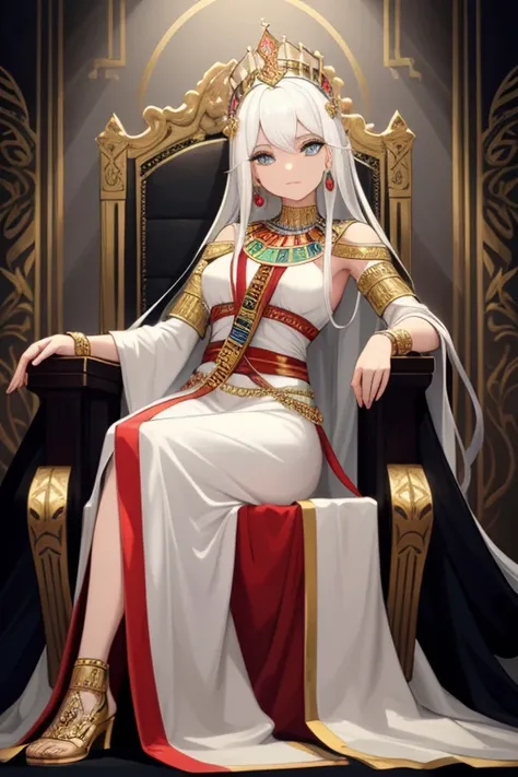 ancient Egyptian queen sitting on her throne, admiring the viewer, royal attire, ornate jewelry and royal headdress, hieroglyphic patterns on the walls, soft ambient light highlighting her features, (best quality, high resolution, masterpiece: 1.2), vibran...