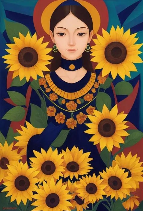 chiaroscuro technique on illustration of an elegant Stylized poster, Russian beauty, in sunflowers, (artist Andrey-Remnev), ((Best Quality, tmasterpiece)), Extreme detailing, 8K