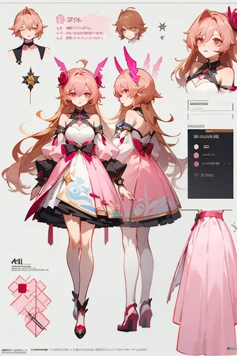 raspberry long hair wearing rose alampay pink dress, anime character reference sheet,, full body!, [ character design ], design sheet, character reference sheet, golden brown pink eyes, single character full body honkai star rail style, , official artwork,...