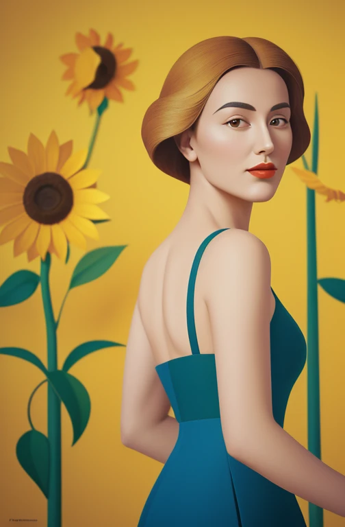 there is a woman standing in a field of sunflowers, kenton nelson, beautiful retro art, michael cheval (unreal engine, inspired by Stevan Dohanos, peter driben, anna dittmann alberto vargas, by Mario Bardi, inspired by Art Frahm, laurent durieux, by Juan O...