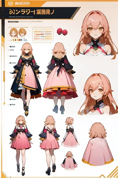 raspberry long hair wearing yellow on her hair, rose pink dress, anime character reference sheet,, full body!, [ character design ], design sheet, character reference sheet, golden brown eyes, single character full body honkai star rail style, , official a...