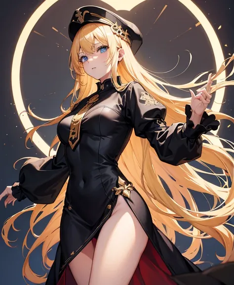 masterpiece, best quality, high resolution, hmaw1, long blonde hair, blonde hair, hat, black dress, long sleeve, black sleeves, nice thighs cowboy shot, standing