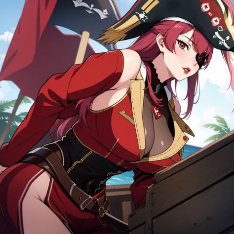 Anime image of a girl with red hair and eyes with red lipstick on her lips and wearing a sexy and very tight pirate outfit, as well as having an eye patch, is near the helm of a pirate ship