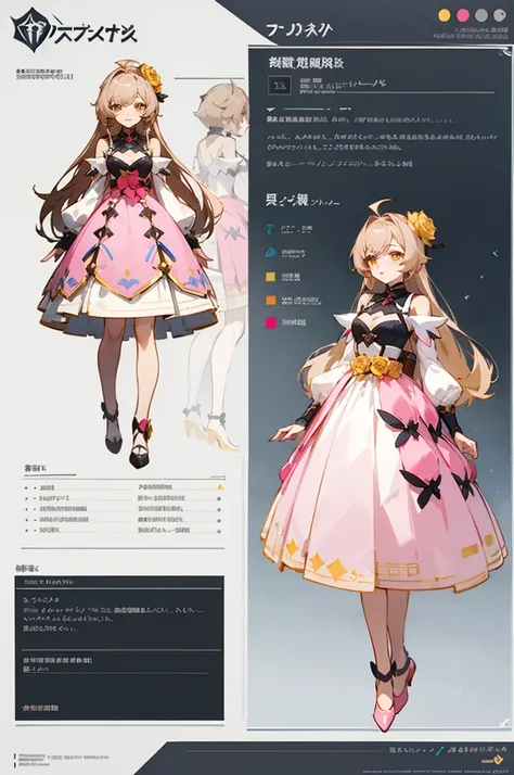 pale brownish pink long hair wearing and yellow rose clip +  pink dress cyber theme, anime character reference sheet,, full body!, [ character design ], design sheet, character reference sheet, golden brown eyes, single character full body Honkai Star Impa...