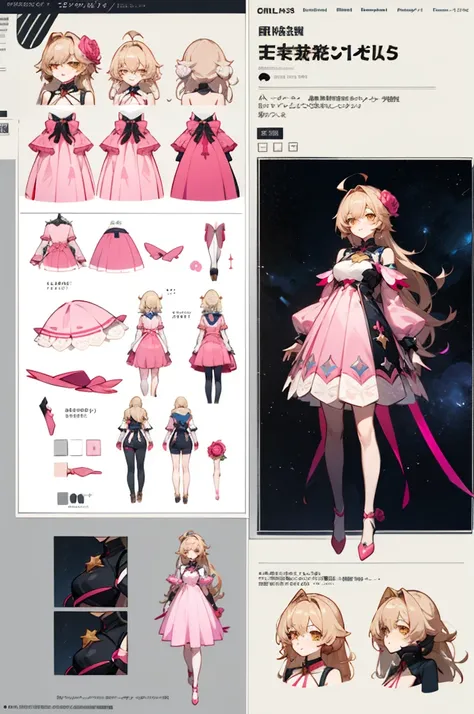 pale brownish pink long hair wearing and yellow rose clip +  pink dress cyber theme, anime character reference sheet,, full body!, [ character design ], design sheet, character reference sheet, golden brown eyes, single character full body Honkai Star Impa...