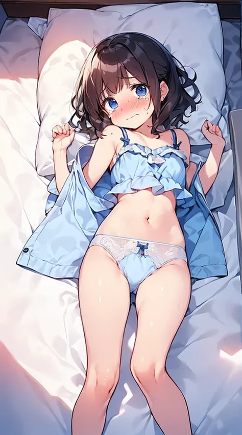 masuter piece,、Top image quality、top-quality、wall-paper、32K、,little face woman、((embarrassed from:1.3))、(Teary-eyed:1.5)、(((Cute underwear)))、Lying on your back in bed、forced to spread legs、ample breasts