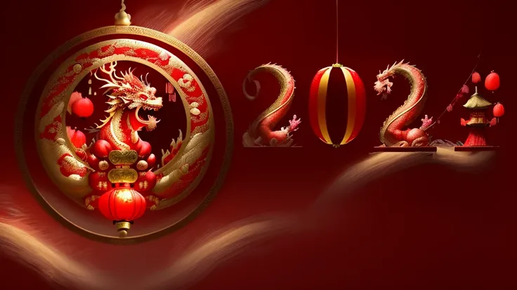 HD,4k,masterpiece_1.2,magical style,(Chinese dragon),festive,lantern,red  and gold,(fireworks)