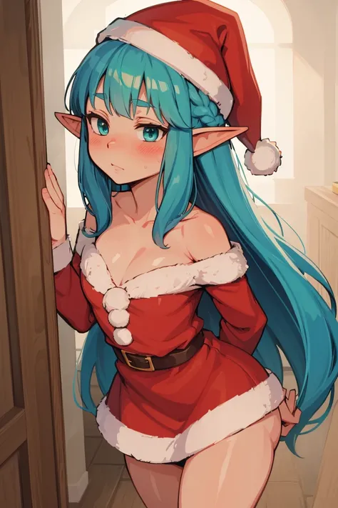 north pole sexy elf, green elf outfit, blue hair, teal hair, santa little helper, santas elves, green clothes, clothes are green, green outfit, shortstack,  big thighs, facing forward, elf outfit, skirt, dwarf, dwarf, north pole, christmas background, safe...