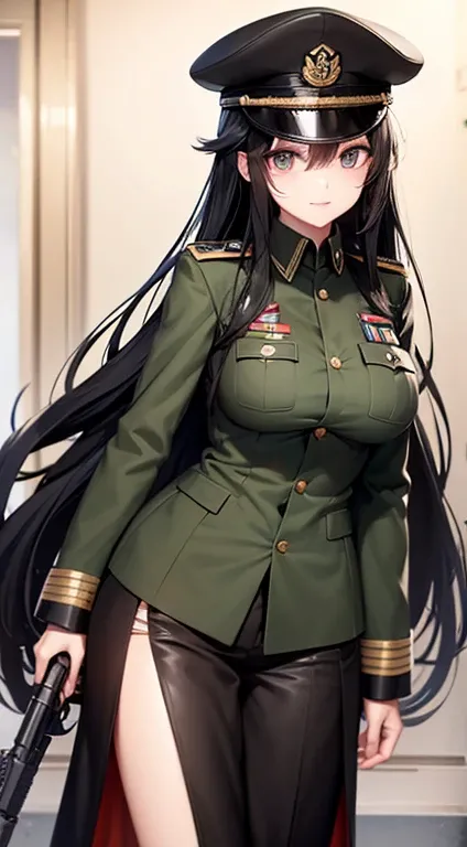 black Military Uniform, Long Black Hair, Breast, black Military Cap, guns