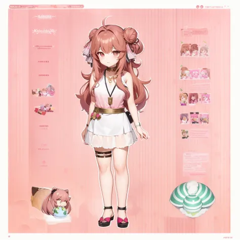 brownish dark pink hair wearing rose alampay pink dress, anime character reference sheet, reference sheet, full body!, [ character design ], design sheet, character reference sheet, long Pale brownish pink hair with sampaguita one hair bun (one right next ...