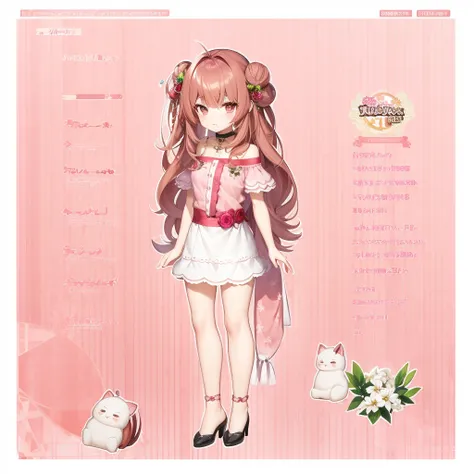 brownish dark pink hair wearing rose alampay pink dress, anime character reference sheet, reference sheet, full body!, [ character design ], design sheet, character reference sheet, long Pale brownish pink hair with sampaguita one hair bun (one right next ...