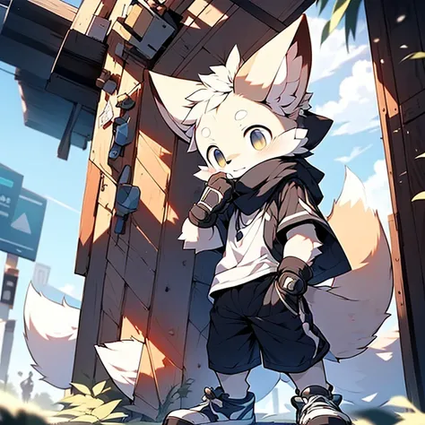 boy，Fennec fox ，Wearing a black scarf，Wear sports gloves，Wear white short sleeves and black shorts，Wear sneakers，systemic，Young，adolable，The is standing，Sideways，head bowed slightly