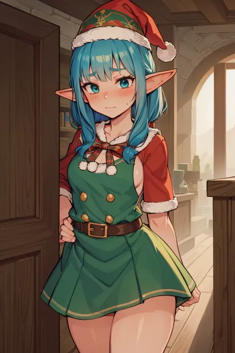 north pole sexy elf, green elf outfit, blue hair, teal hair, santa little helper, santas elves, green clothes, clothes are green, green outfit, shortstack,  big thighs, facing forward, elf outfit, skirt, dwarf, dwarf, north pole, christmas background, safe...