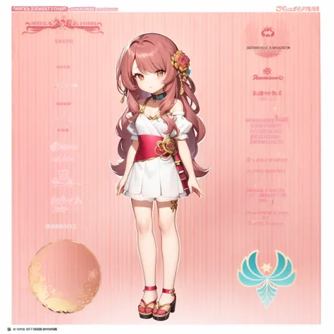 brownish dark pink hair wearing rose alampay pink dress, anime character reference sheet, reference sheet, full body!, [ character design ], design sheet, character reference sheet, long Pale brownish pink hair with sampaguita one hair bun (one right next ...