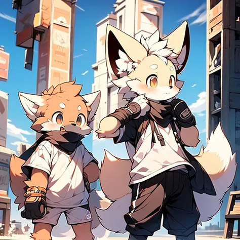 boy，Fennec fox ，Wearing a black scarf，Wear sports gloves，Wear white short sleeves and black shorts，systemic，Young，adolable，The is standing，Sideways，head bowed slightly