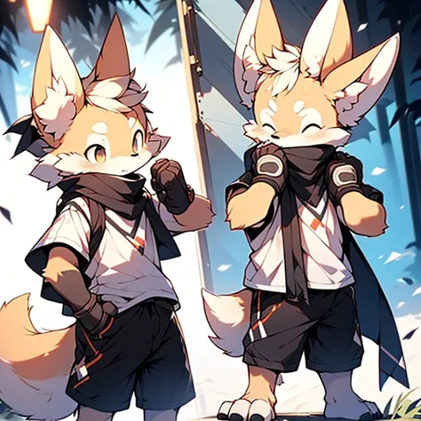 boy，Fennec fox ，Wearing a black scarf，Wear sports gloves，Wear white short sleeves and black shorts，systemic，Young，adolable，The is standing，Sideways，head bowed slightly