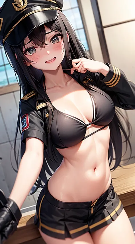 bikini, military cap, long black hair, breast, crying face, blushing