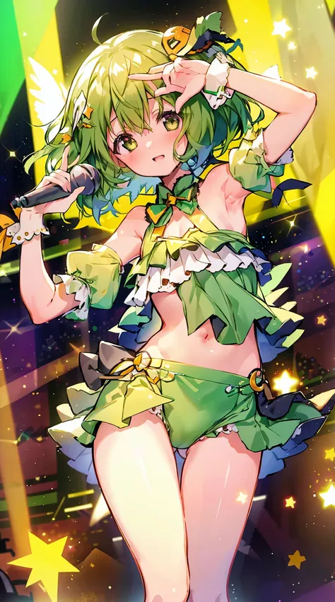 Masterpiece, Best Quality, hight resolution,  1girl in,green color,luminous effect,twinkle twinkle, Solo, Holding the microphone in her hand, slender, thighs thighs thighs thighs, concert, Spotlight, (小さなthighs thighs thighs thighs:1.6)